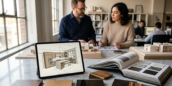 Ekskluzywny moodboard materiałowy OiKO: próbki lakierów i fornirów na stole projektowym, prezentujące wsparcie techniczne dla architektów wnętrz.
