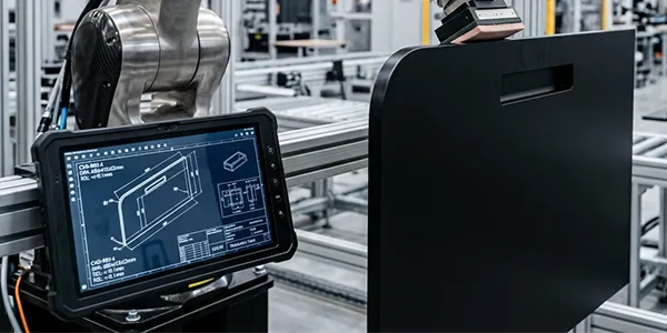 Ramię robota OiKO wykonujące precyzyjne wykończenie krawędzi monolitycznego mebla na podstawie dokumentacji technicznej, prezentujące inżynierskie wsparcie dla projektów klienta.
