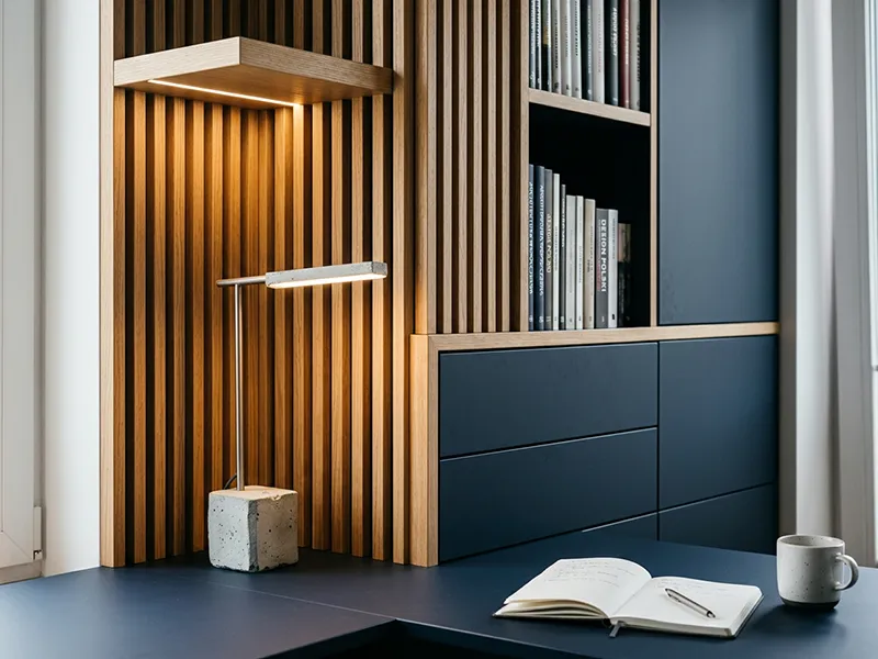 Nowoczesna biblioteka domowa OiKO z dębowych lameli i granatowego matu, łącząca rzemiosło z technologicznymi detalami w gabinecie.